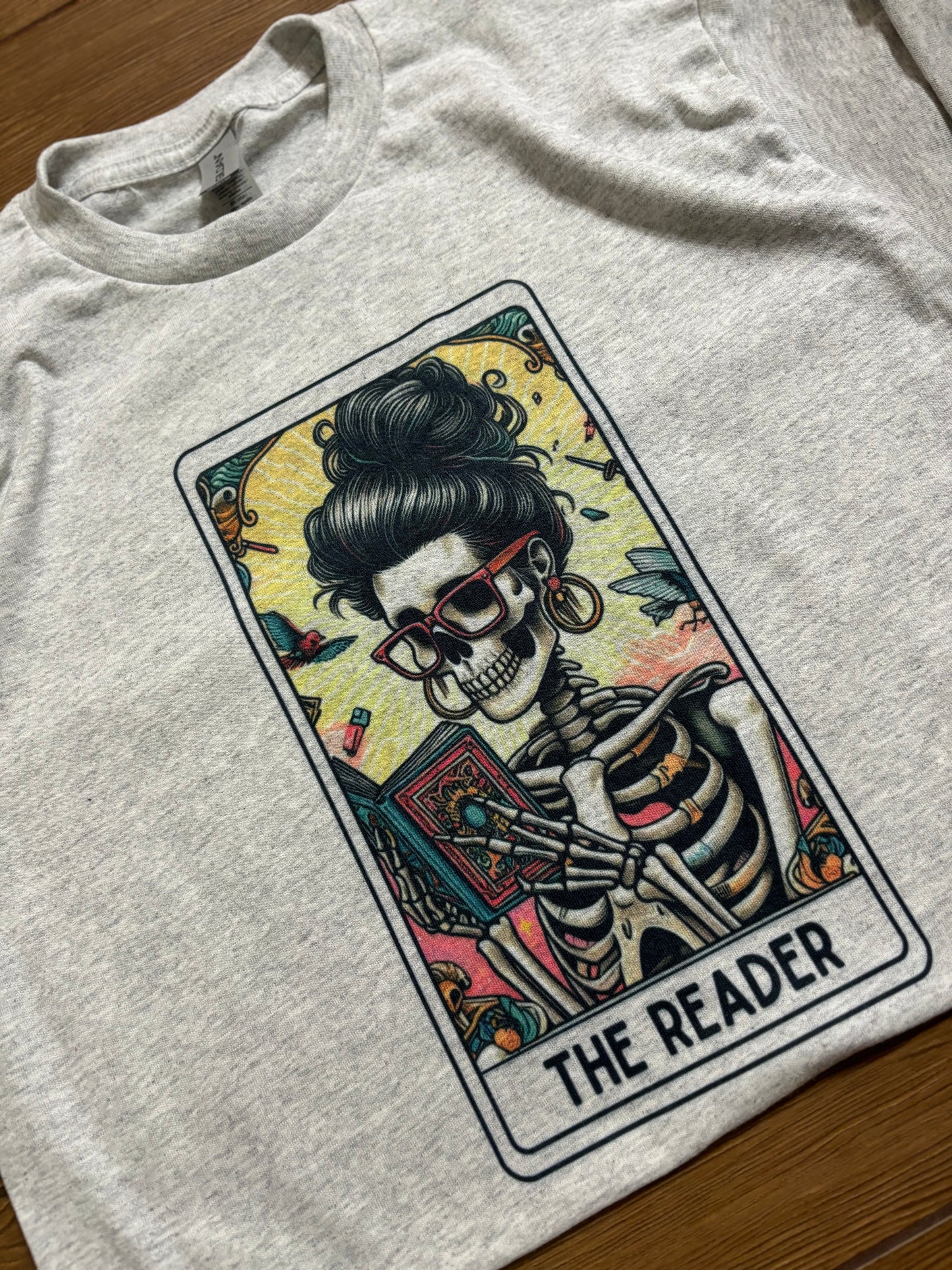 The Reader Book Skeleton Tarot Card Tee