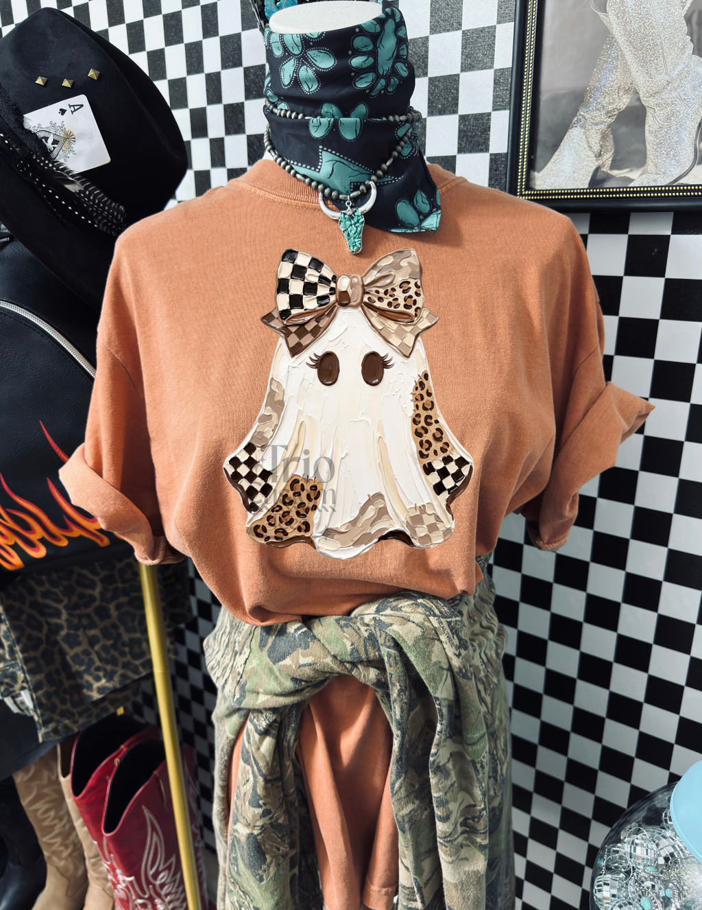 Ghost Cute Checker Cheetah Halloween Fall Tee Shirt