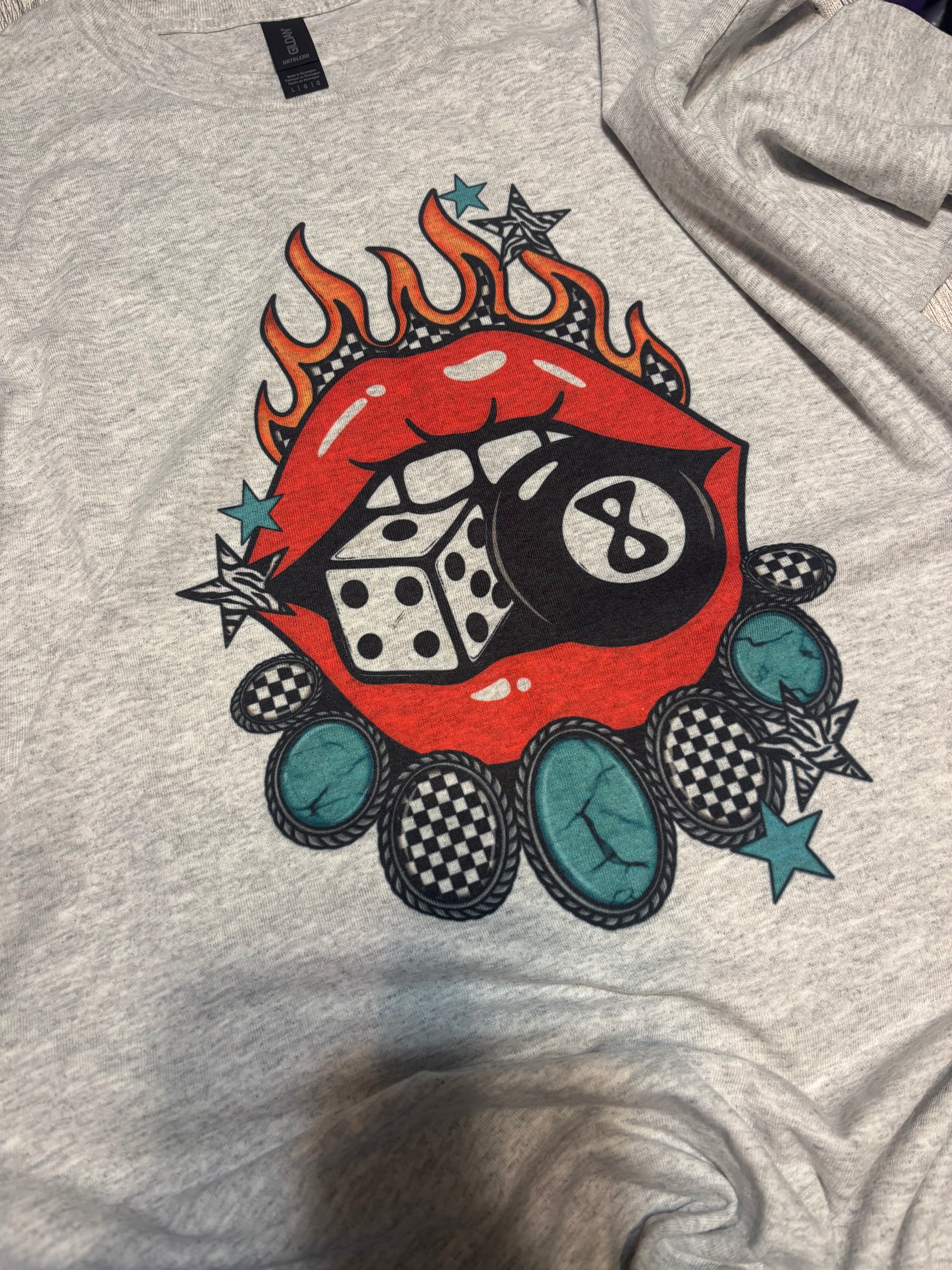 Magic 8 ball western lips dice tee shirt