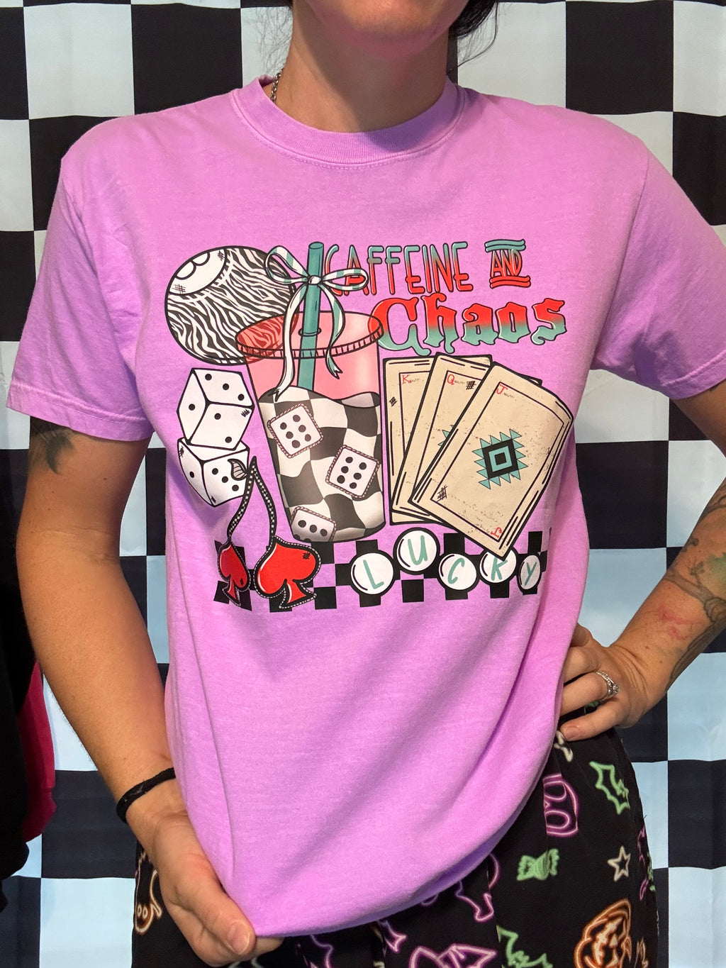 Caffeine and Chaos Western Checker Dice Comfort Colors Tee Shirt