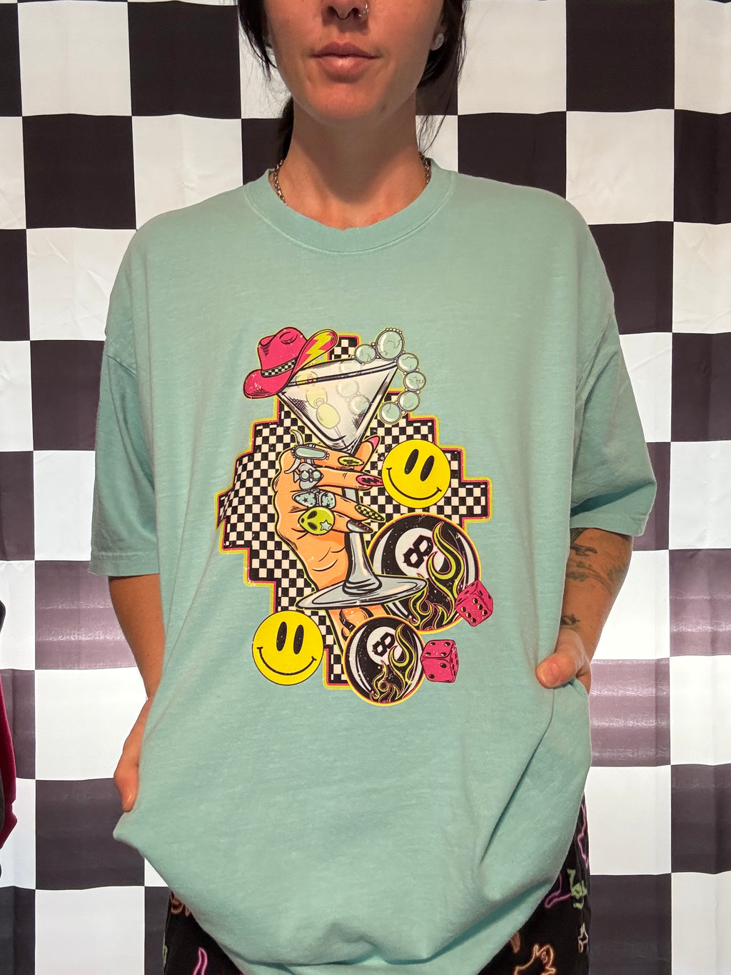Western Checker Dice Smiley Face 8 Ball Comfort colors tee shirt
