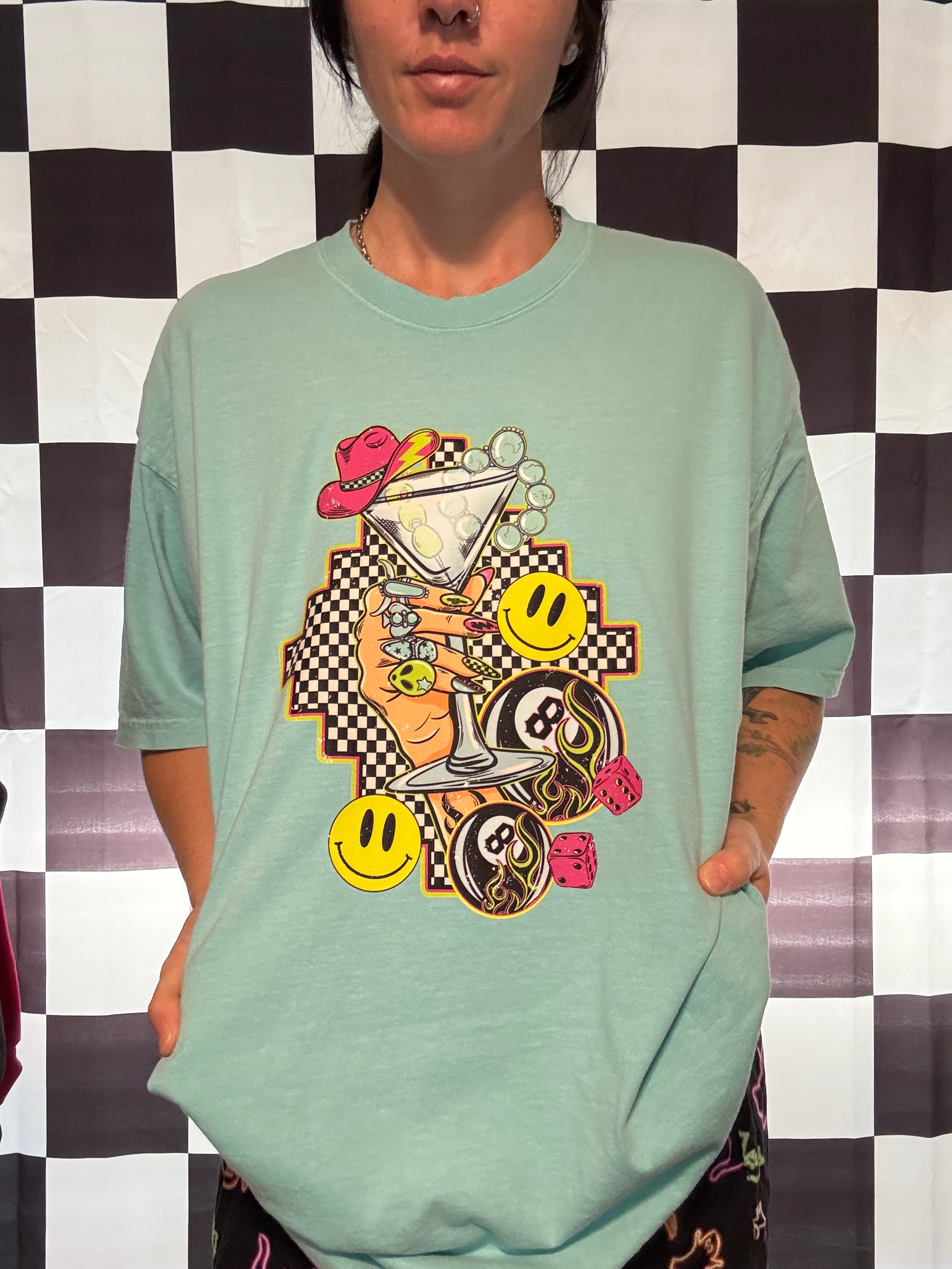 Western Checker Dice Smiley Face 8 Ball Comfort colors tee shirt
