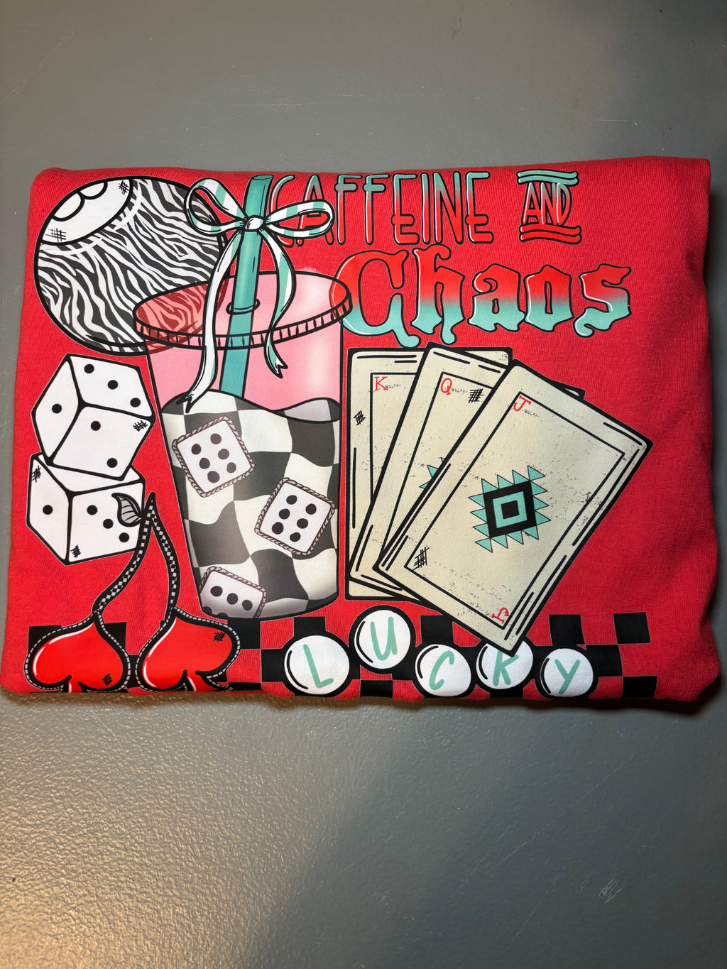 caffeine and chaos checkers dice 8 ball comfort colors tee shirt