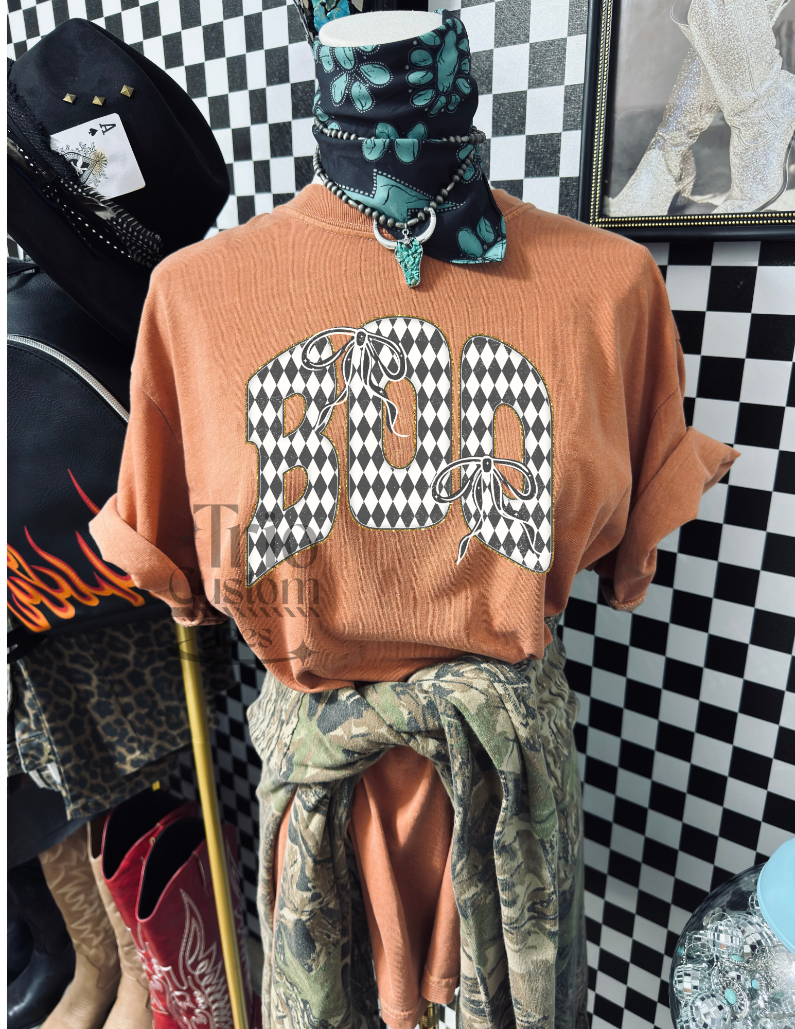 Boo Gingham bow comfort colors Halloween tee shirt womenswear