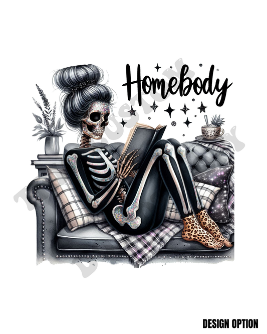 Homebody Book Reading Skeleton Cheetah Messy Bun Design