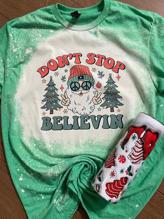 Don’t Stop Believing Santa Christmas Bleached shirt