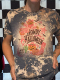 Western Acid Washed Howdy Halloween Pink Cowhide Style Spooky Season Tee Shirt