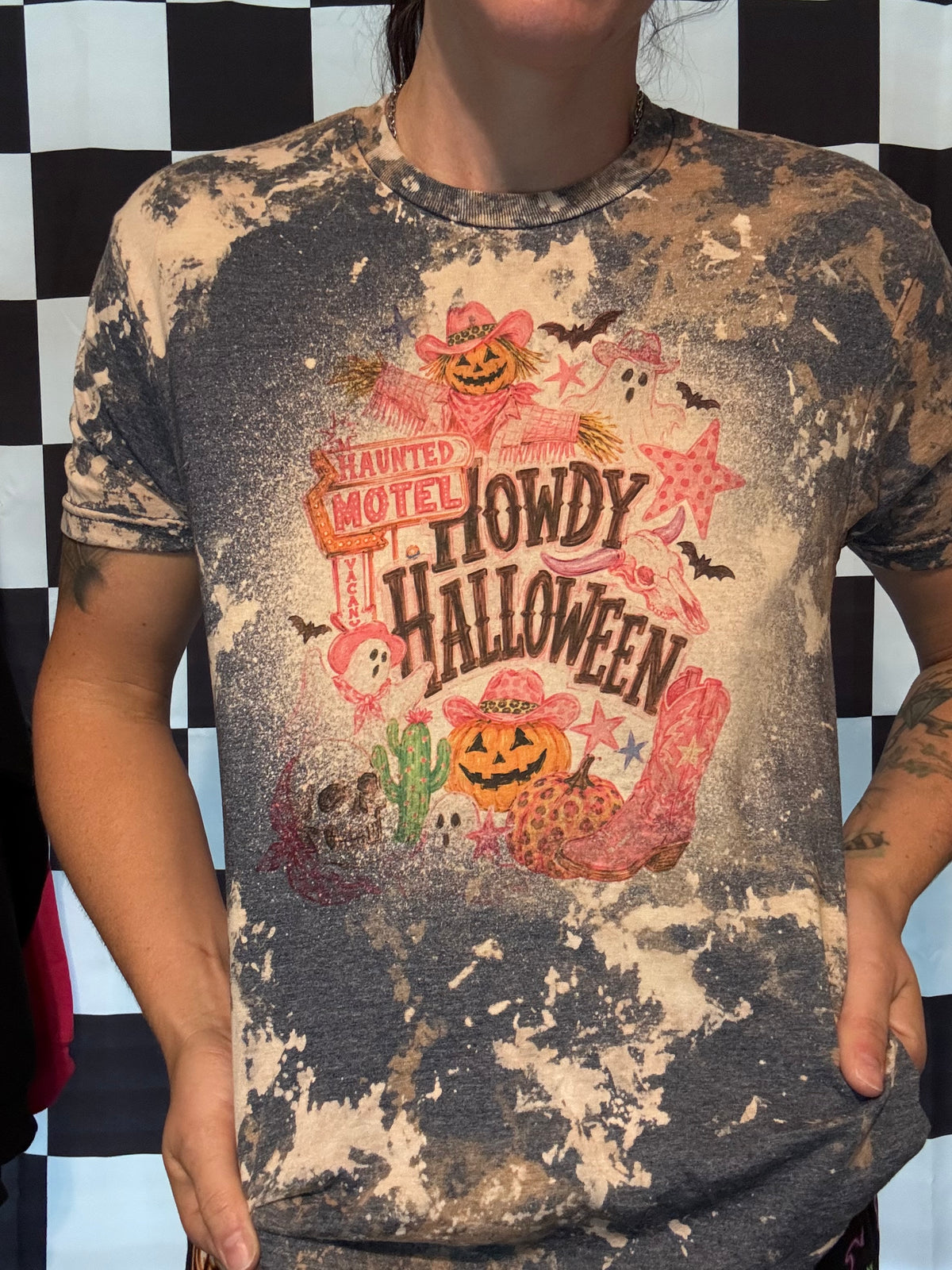 Western Acid Washed Howdy Halloween Pink Cowhide Style Spooky Season Tee Shirt