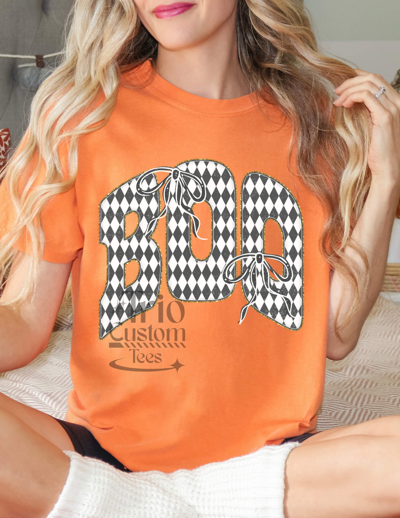 Boo Gingham bow comfort colors Halloween tee shirt womenswear
