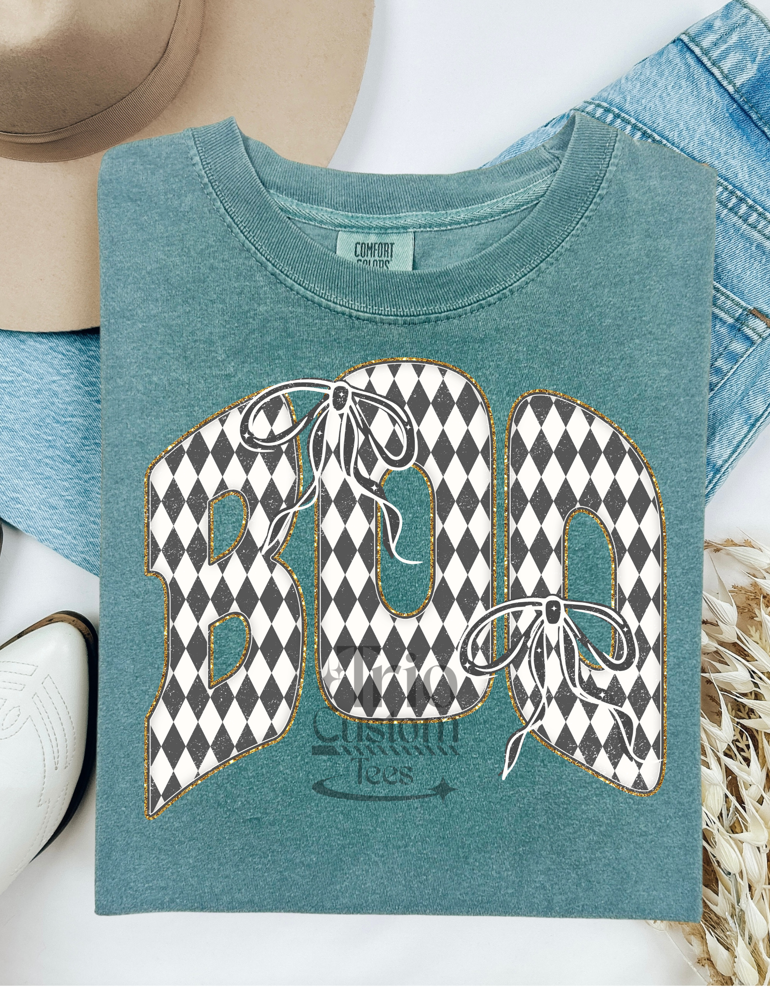Boo Gingham bow comfort colors Halloween tee shirt womenswear