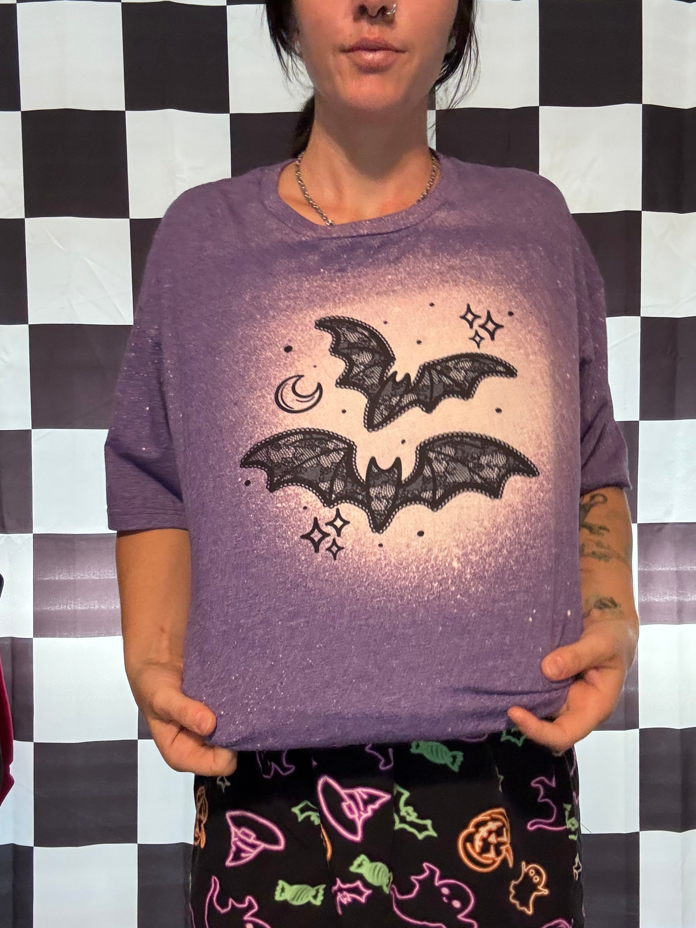 Lace Bats Halloween Acid Washed Tee Shirt