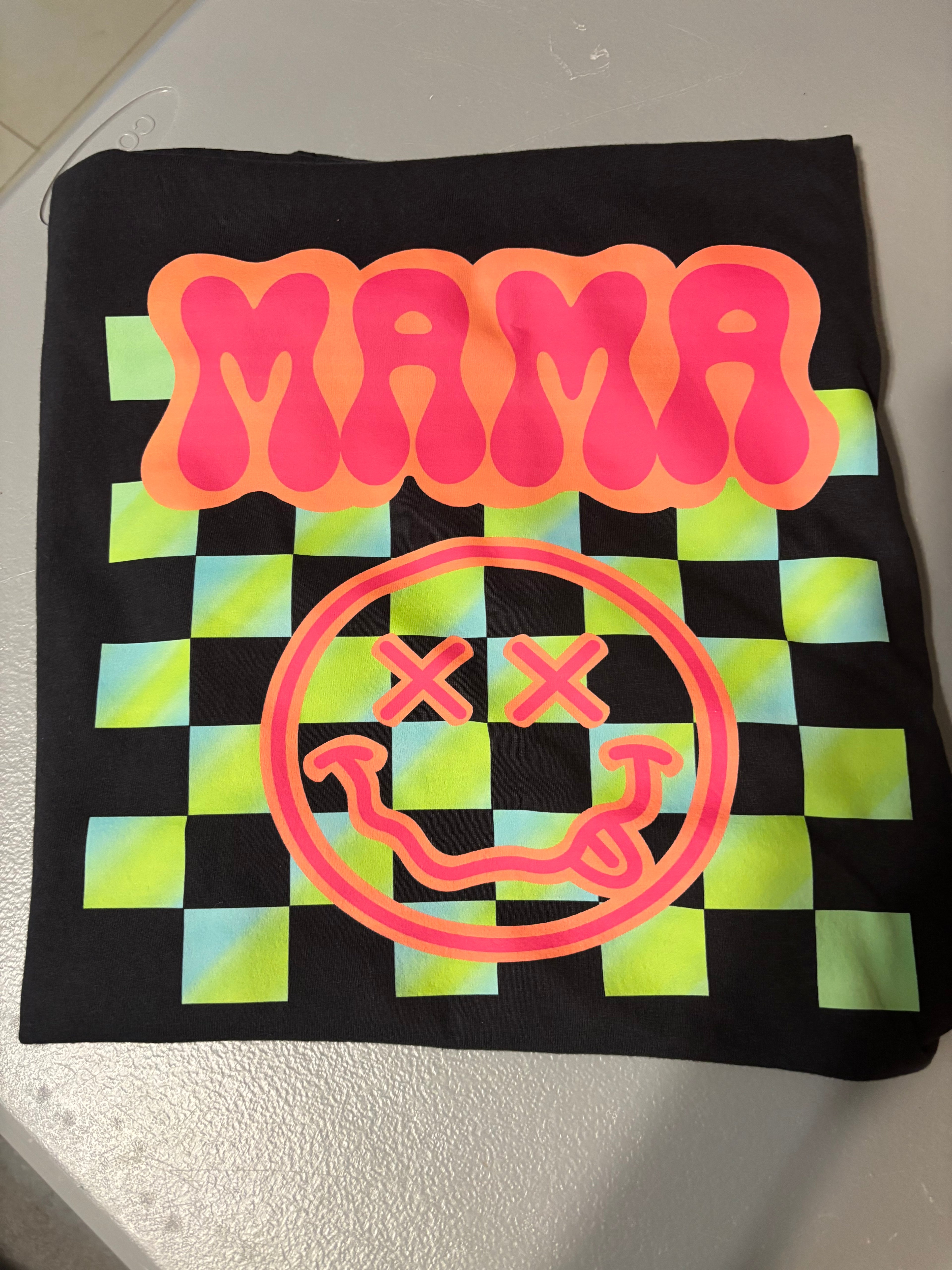 neon Smiley mama checker tee shirt comfort colors