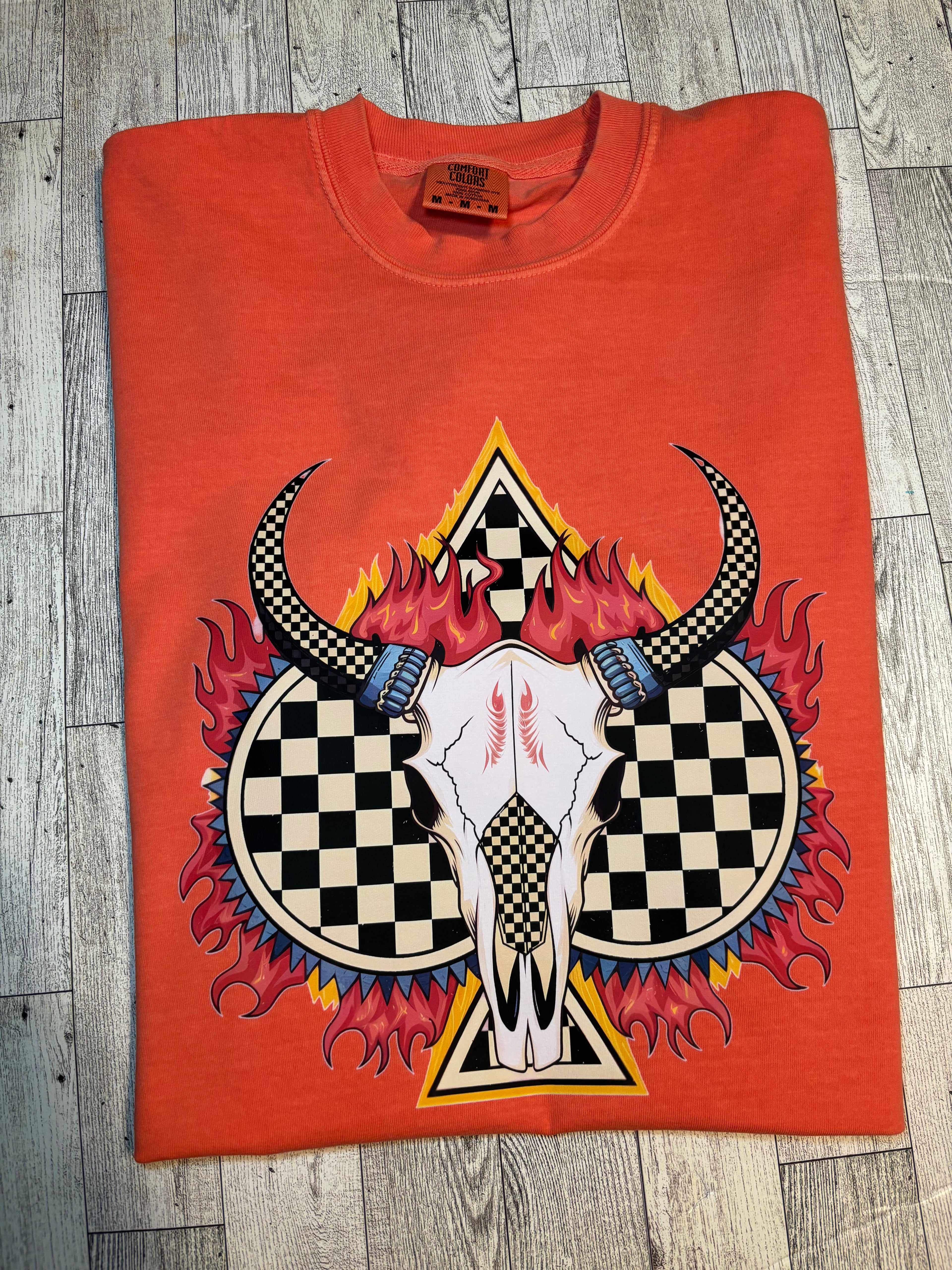 Western cow skull spade checker Comfort Colors tee shirt