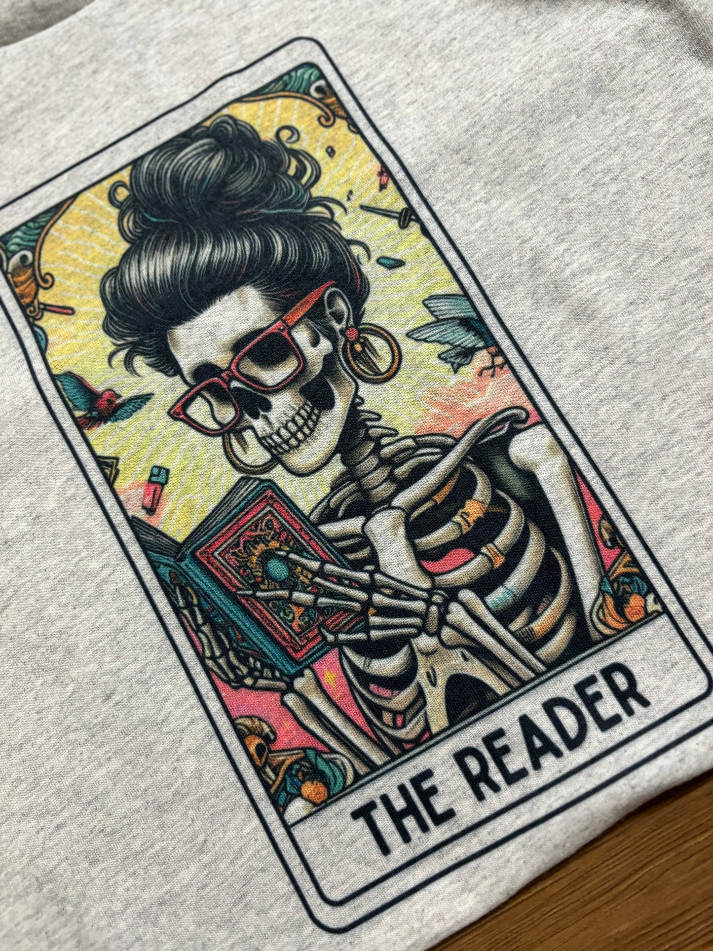 The Reader Book Skeleton Tarot Card Tee