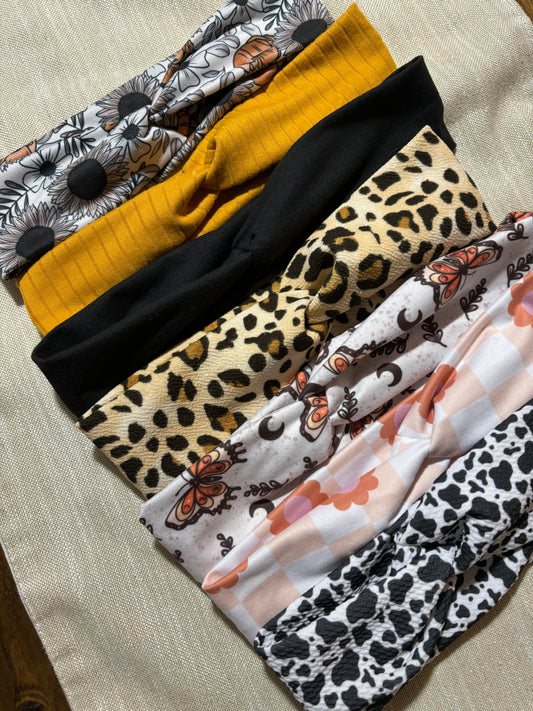 Boutique Headbands: Leopard; Checkers; Boho; Flowers: Butterflies; Cowprint
