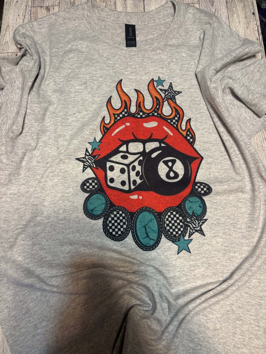 Magic 8 ball western lips dice tee shirt
