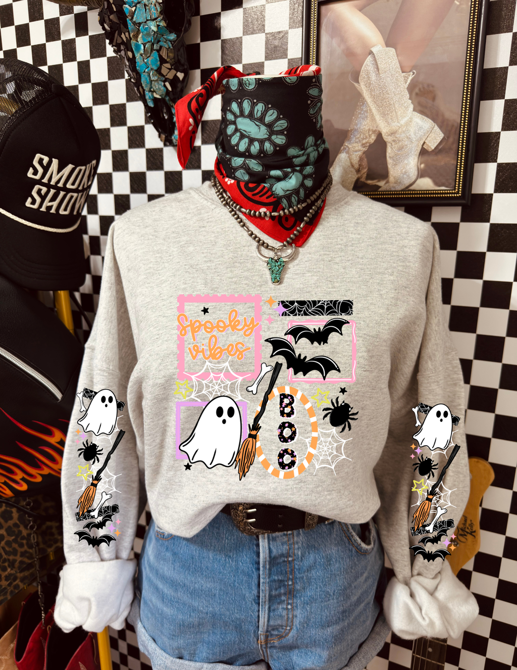 Spooky Vibes Ghost Halloween With sleeve Designs Crewneck Sweatshirt