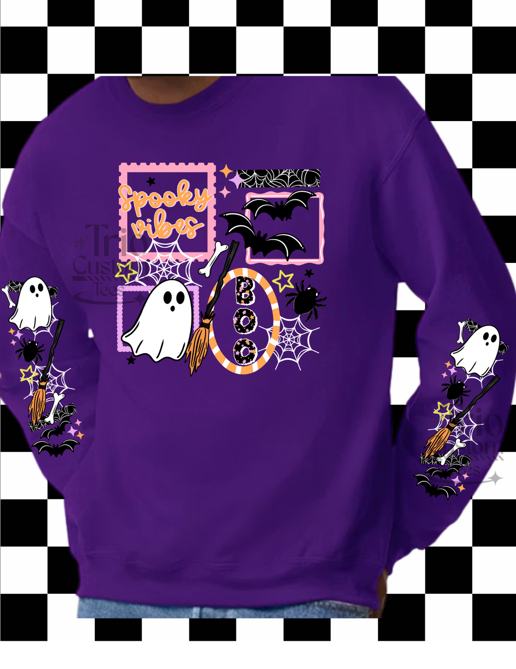 Spooky Vibes Ghost Halloween With sleeve Designs Crewneck Sweatshirt